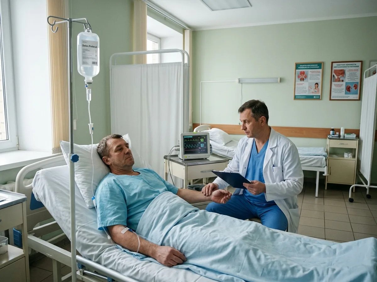 Медицинская процедура детоксикации от наркотиков в наркологическом стационаре, капельница, врач наблюдает за состоянием пациента